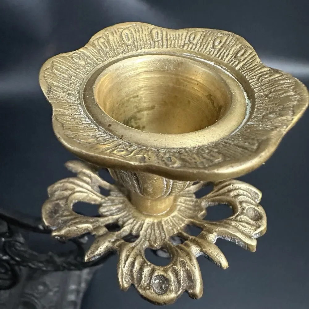Vintage French Spelter 3 Arm Ornate Candelabra Gilt Brass Holder 8”